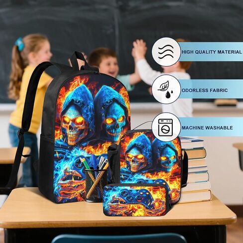 حقيبة الظهر للمدرسة الأولاد Cool Skull Game Poys Backpack مع صندوق الغداء وحقائب القلم الرصاص مجموعة للأطفال المراهقين المراهقين الابتدائي ، حقيبة سفر في Bookpag Daypack سن 6-18 in Kuwait