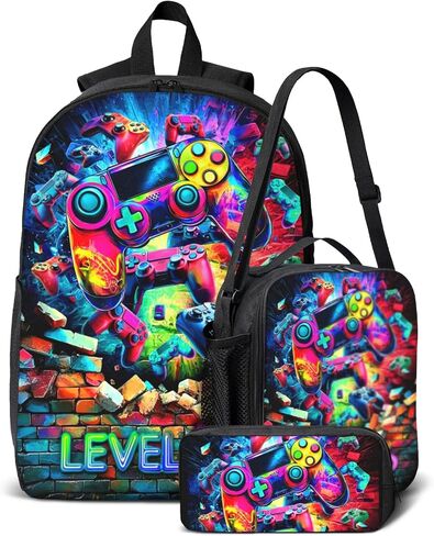 حقيبة الظهر للمدرسة الأولاد Cool Skull Game Poys Backpack مع صندوق الغداء وحقائب القلم الرصاص مجموعة للأطفال المراهقين المراهقين الابتدائي ، حقيبة سفر في Bookpag Daypack سن 6-18 in Kuwait