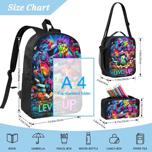 حقيبة الظهر للمدرسة الأولاد Cool Skull Game Poys Backpack مع صندوق الغداء وحقائب القلم الرصاص مجموعة للأطفال المراهقين المراهقين الابتدائي ، حقيبة سفر في Bookpag Daypack سن 6-18 in Kuwait