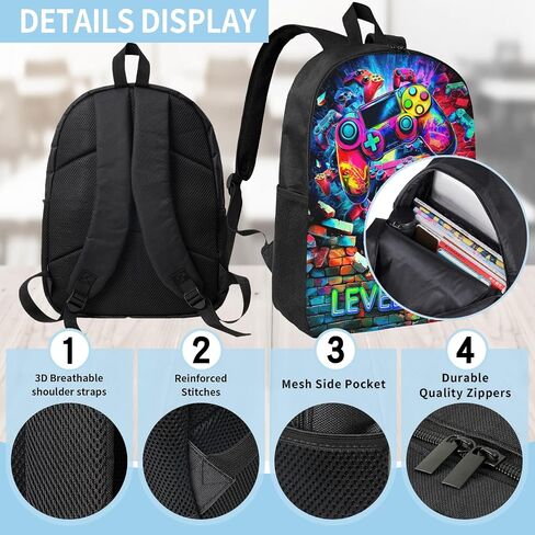 حقيبة الظهر للمدرسة الأولاد Cool Skull Game Poys Backpack مع صندوق الغداء وحقائب القلم الرصاص مجموعة للأطفال المراهقين المراهقين الابتدائي ، حقيبة سفر في Bookpag Daypack سن 6-18 in Kuwait