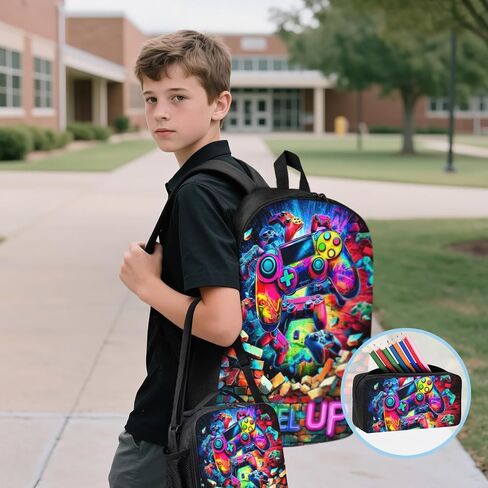 حقيبة الظهر للمدرسة الأولاد Cool Skull Game Poys Backpack مع صندوق الغداء وحقائب القلم الرصاص مجموعة للأطفال المراهقين المراهقين الابتدائي ، حقيبة سفر في Bookpag Daypack سن 6-18 in Kuwait