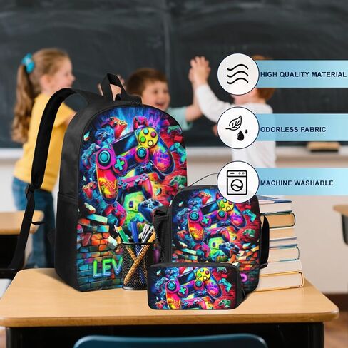 حقيبة الظهر للمدرسة الأولاد Cool Skull Game Poys Backpack مع صندوق الغداء وحقائب القلم الرصاص مجموعة للأطفال المراهقين المراهقين الابتدائي ، حقيبة سفر في Bookpag Daypack سن 6-18 in Kuwait