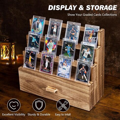 Emfogo Trading Card Display, 3-Tier Trading Card Storage with Custom Drawer, Wood Graded Card Display with Card Supporters and Dividers, Sports Card Display Case for Card Game Collection (Black) in Kuwait