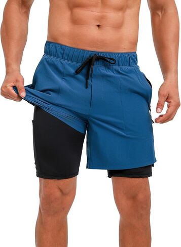 ECUPPER Mens Swim Trunks with Compression Liner Board Shorts with Zipper Pockets Quick Dry Swimwear Beach Bathing Swimsuit in Kuwait