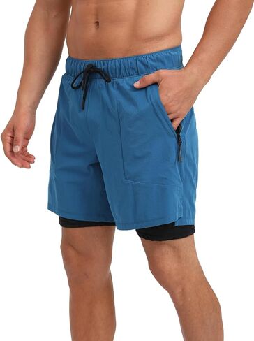 ECUPPER Mens Swim Trunks with Compression Liner Board Shorts with Zipper Pockets Quick Dry Swimwear Beach Bathing Swimsuit in Kuwait