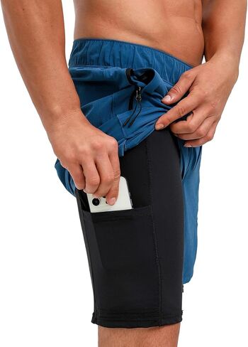 ECUPPER Mens Swim Trunks with Compression Liner Board Shorts with Zipper Pockets Quick Dry Swimwear Beach Bathing Swimsuit in Kuwait