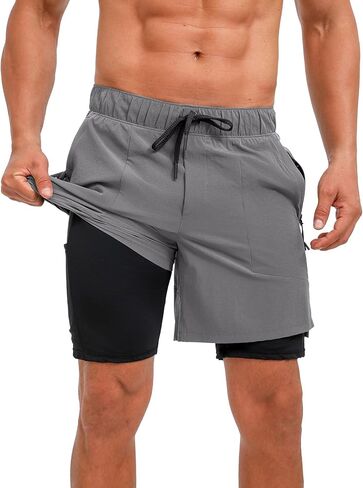 ECUPPER Mens Swim Trunks with Compression Liner Board Shorts with Zipper Pockets Quick Dry Swimwear Beach Bathing Swimsuit in Kuwait
