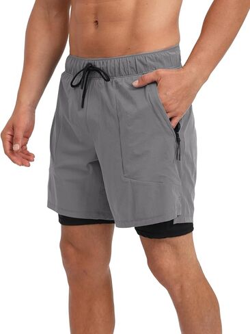 ECUPPER Mens Swim Trunks with Compression Liner Board Shorts with Zipper Pockets Quick Dry Swimwear Beach Bathing Swimsuit in Kuwait