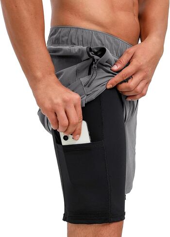 ECUPPER Mens Swim Trunks with Compression Liner Board Shorts with Zipper Pockets Quick Dry Swimwear Beach Bathing Swimsuit in Kuwait