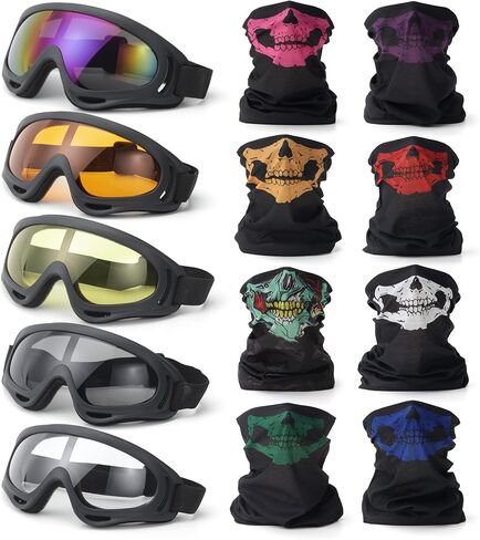 LKV 13Pcs Motorcycle Gear Set - Motorcycle Goggles 5 Pairs Dirt Bike ATV Ski Riding Goggles UV Protection Dustproof Windproof with 8 Skull Face Cover Mask for Men Women in Saudi Arabia