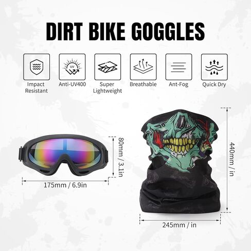LKV 13Pcs Motorcycle Gear Set - Motorcycle Goggles 5 Pairs Dirt Bike ATV Ski Riding Goggles UV Protection Dustproof Windproof with 8 Skull Face Cover Mask for Men Women in Saudi Arabia