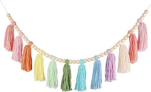 Rainbow Tassel Garland for Kids Room Classroom Bedroom Nursery Home Decoration Colorful Wall Hanging Garland Party Baby Shower Boho Tassel Garland with Wood Decor Decorative Banner Pastel Beads in Saudi Arabia