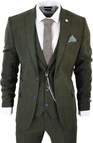 Men's 3 Piece Suit Wool Tweed Green Blue Brown Check 1920s Gatsby Formal Dress Suits in Kuwait