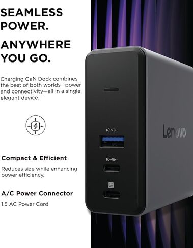 قاعدة شحن رفيعة للسفر USB-C من لينوفو، 8 منافذ، مرور يصل إلى 65 وات PD، كابل USB-C مدمج، دعم شاشة 4K، أسود in Kuwait