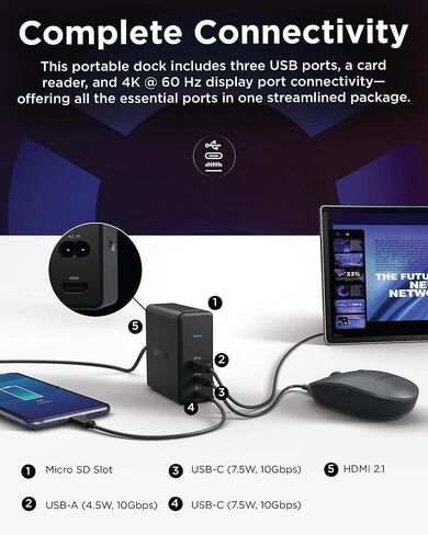 قاعدة شحن رفيعة للسفر USB-C من لينوفو، 8 منافذ، مرور يصل إلى 65 وات PD، كابل USB-C مدمج، دعم شاشة 4K، أسود in Kuwait