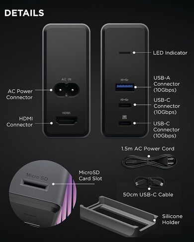قاعدة شحن رفيعة للسفر USB-C من لينوفو، 8 منافذ، مرور يصل إلى 65 وات PD، كابل USB-C مدمج، دعم شاشة 4K، أسود in Kuwait