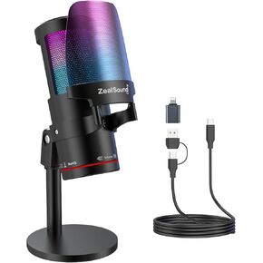ZealSound Gaming USB Microphone,Noise Cancellation Condenser mic with RGB Light,Touch Mute,Gain,Monitoring for Streaming,Podcast,Twitch,YouTube,Discord,iPhone,iPad,PC,Computer,PS4,PS5,Mac,GamerWave in Kuwait