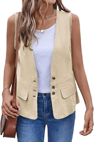 2025 Womens Summer Cotton Linen Vest Sest Olcyfleess Button Lightweight Button Down V-te-leac in Saudi Arabia