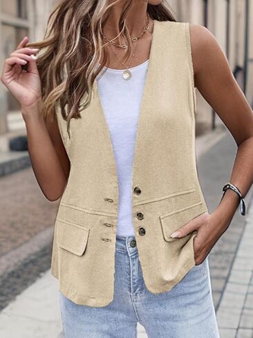 2025 Womens Summer Cotton Linen Vest Sest Olcyfleess Button Lightweight Button Down V-te-leac in Saudi Arabia