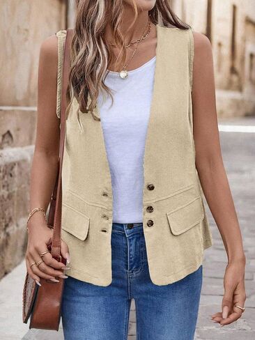 2025 Womens Summer Cotton Linen Vest Sest Olcyfleess Button Lightweight Button Down V-te-leac in Saudi Arabia