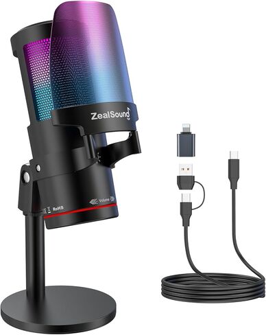 ZealSound Gaming USB Microphone,Noise Cancellation Condenser mic with RGB Light,Touch Mute,Gain,Monitoring for Streaming,Podcast,Twitch,YouTube,Discord,iPhone,iPad,PC,Computer,PS4,PS5,Mac,GamerWave in Kuwait