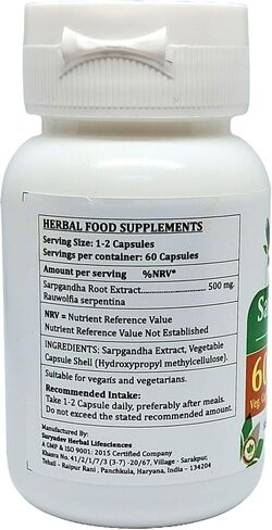 Sarpgandha Forte Capsule 500 mg. 60 الخضار. كبسولة | Sarpgandha (Rauwolfia Serpentina) استخراج كبسولات للرجال والنساء | الملحق العشبي الايورفيدا/العلاجات | 10: 1 forte (1 زجاجة من 60 كبسولة) in Saudi Arabia