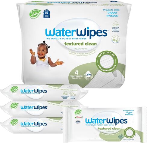WaterWipes Sensitive+ Baby & Toddler Wipes, 3-In-1 Cleans, Cares, Protects, 99.9% Water, Textured Clean, Unscented & Hypoallergenic, 240 Count (4 Packs) in Saudi Arabia