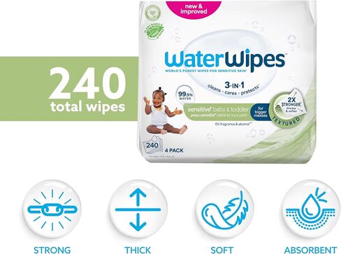 WaterWipes Sensitive+ Baby & Toddler Wipes, 3-In-1 Cleans, Cares, Protects, 99.9% Water, Textured Clean, Unscented & Hypoallergenic, 240 Count (4 Packs) in Saudi Arabia