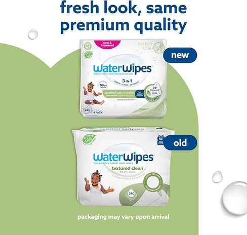 WaterWipes Sensitive+ Baby & Toddler Wipes, 3-In-1 Cleans, Cares, Protects, 99.9% Water, Textured Clean, Unscented & Hypoallergenic, 240 Count (4 Packs) in Saudi Arabia