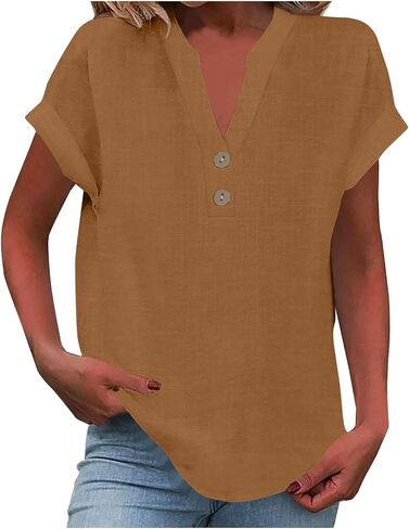 Womens Cotton Linen Shirts Summer Trendy Short Sleeve V-Neck Blouses Tops Button Down Gauze Tees Casual Clothes 2025 in Saudi Arabia