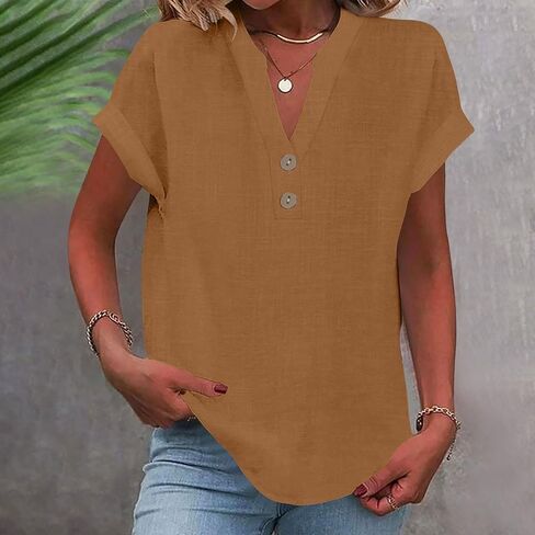 Womens Cotton Linen Shirts Summer Trendy Short Sleeve V-Neck Blouses Tops Button Down Gauze Tees Casual Clothes 2025 in Saudi Arabia