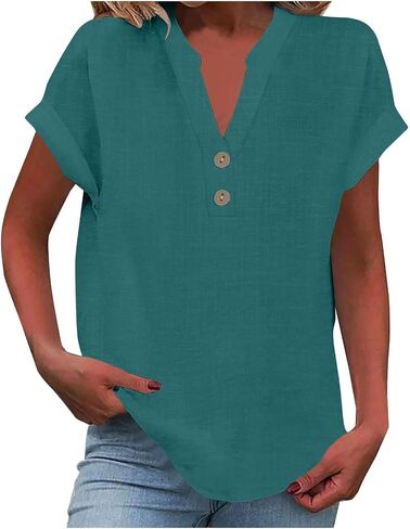 Womens Cotton Linen Shirts Summer Trendy Short Sleeve V-Neck Blouses Tops Button Down Gauze Tees Casual Clothes 2025 in Saudi Arabia