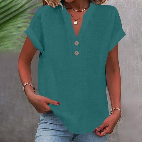 Womens Cotton Linen Shirts Summer Trendy Short Sleeve V-Neck Blouses Tops Button Down Gauze Tees Casual Clothes 2025 in Saudi Arabia