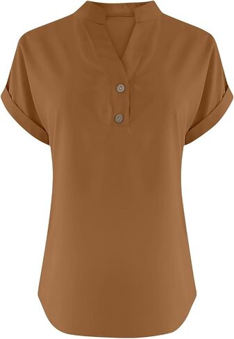 Womens Cotton Linen Shirts Summer Trendy Short Sleeve V-Neck Blouses Tops Button Down Gauze Tees Casual Clothes 2025 in Saudi Arabia