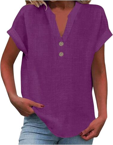 Womens Cotton Linen Shirts Summer Trendy Short Sleeve V-Neck Blouses Tops Button Down Gauze Tees Casual Clothes 2025 in Saudi Arabia