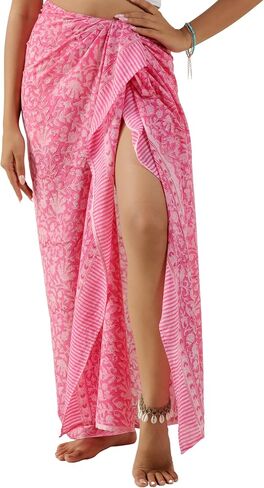 100 ٪ Cotton Sarong Coverup for Women Indian Hand Block Print Swimsuit Pareo Skirt Beach Bikini Cover Up Long (73 "× 43") in Kuwait