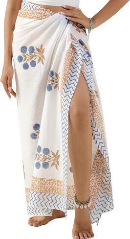 100 ٪ Cotton Sarong Coverup for Women Indian Hand Block Print Swimsuit Pareo Skirt Beach Bikini Cover Up Long (73 "× 43") in Kuwait
