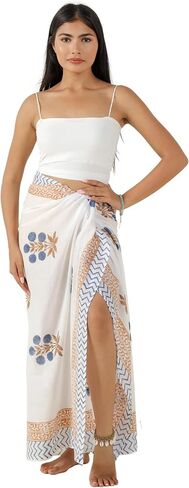 100 ٪ Cotton Sarong Coverup for Women Indian Hand Block Print Swimsuit Pareo Skirt Beach Bikini Cover Up Long (73 "× 43") in Kuwait