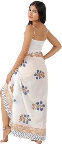 100 ٪ Cotton Sarong Coverup for Women Indian Hand Block Print Swimsuit Pareo Skirt Beach Bikini Cover Up Long (73 "× 43") in Kuwait