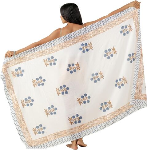 100 ٪ Cotton Sarong Coverup for Women Indian Hand Block Print Swimsuit Pareo Skirt Beach Bikini Cover Up Long (73 "× 43") in Kuwait
