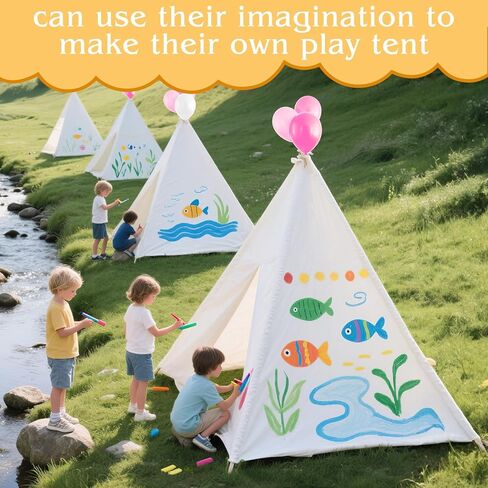 PLULON 4 Pack Teepee Tent for Kids Bulk Kids Sleepover Tents with Inflatable Airbed and Tent Decorations Play Tent Slumber Party Indoor Teepee Tents for Girls Boys Outdoor - White in Kuwait