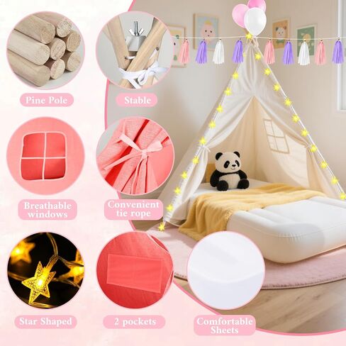 PLULON 4 Pack Teepee Tent for Kids Bulk Kids Sleepover Tents with Inflatable Airbed and Tent Decorations Play Tent Slumber Party Indoor Teepee Tents for Girls Boys Outdoor - White in Kuwait