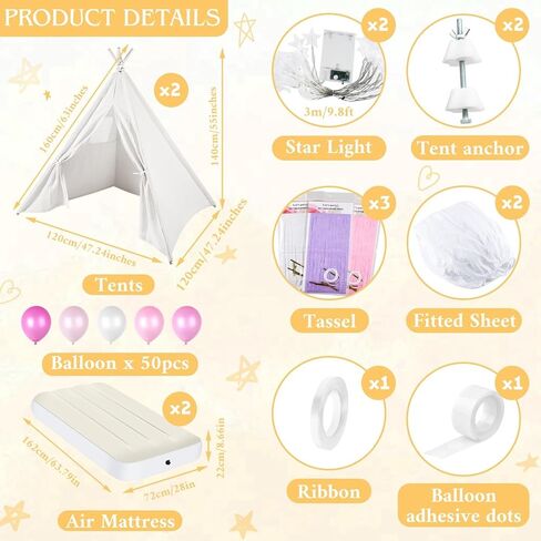 PLULON 4 Pack Teepee Tent for Kids Bulk Kids Sleepover Tents with Inflatable Airbed and Tent Decorations Play Tent Slumber Party Indoor Teepee Tents for Girls Boys Outdoor - White in Kuwait