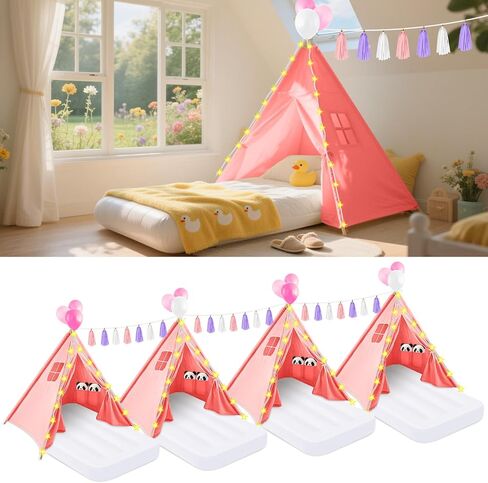 PLULON 4 Pack Teepee Tent for Kids Bulk Kids Sleepover Tents with Inflatable Airbed and Tent Decorations Play Tent Slumber Party Indoor Teepee Tents for Girls Boys Outdoor - White in Kuwait