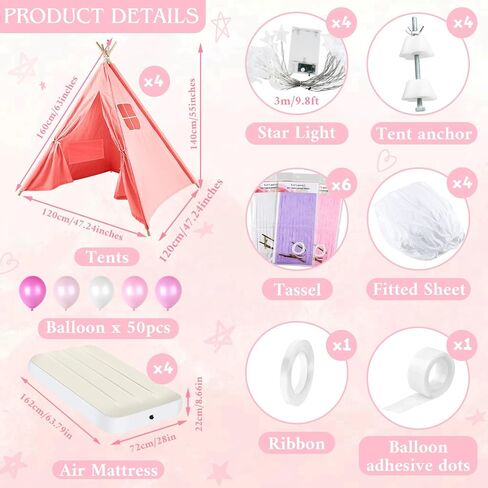 PLULON 4 Pack Teepee Tent for Kids Bulk Kids Sleepover Tents with Inflatable Airbed and Tent Decorations Play Tent Slumber Party Indoor Teepee Tents for Girls Boys Outdoor - White in Kuwait