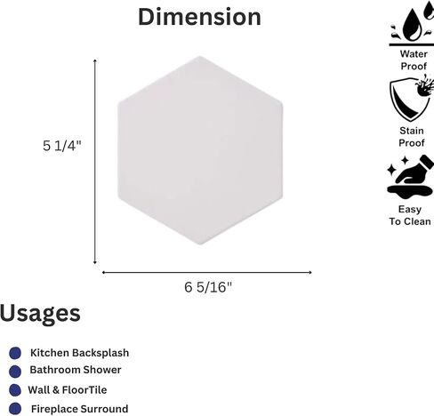 Tenedos Fusion Hexagon Matte 5x6 Inch Glazed Porcelain Tile – White, Box of 20 Pieces for Kitchen Backsplash, Bathroom Shower, Floor, and Accent Wall Decor in Saudi Arabia