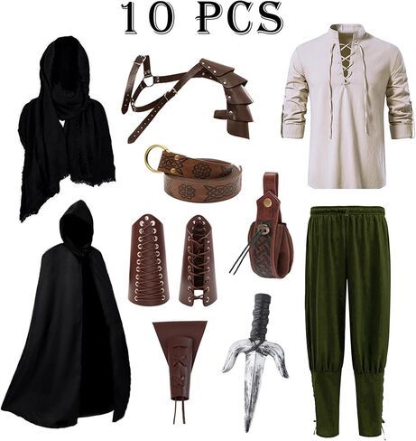 Akokvlar 10 Pcs Men Renaissance Costume Medieval Pirate Shirt Ankle Banded Pants Viking Outfit Set in Saudi Arabia