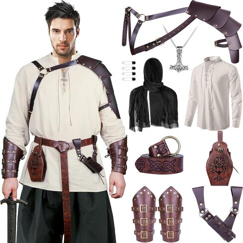 9 Pcs Men's Renaissance Viking Costume Medieval Armor Pirate Shirt Accessories Set for Halloween in Saudi Arabia