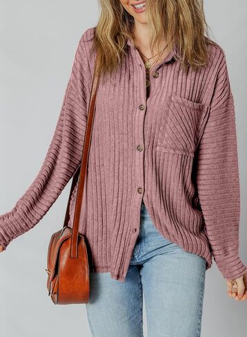 SHEWIN Womens Ribbed Knit Shacket Jacket Casual Long Sleeve Button Down Shirts Loose Sweater Tops Dressy Blouses with Pocket in Saudi Arabia