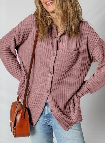 SHEWIN Womens Ribbed Knit Shacket Jacket Casual Long Sleeve Button Down Shirts Loose Sweater Tops Dressy Blouses with Pocket in Saudi Arabia